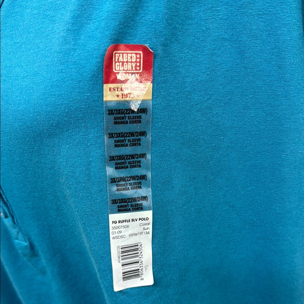 Faded Glory 3X Teal Stretch Polo Blouse Split Neck Roll Tab Sleeve Casual Top - Picture 2 of 7